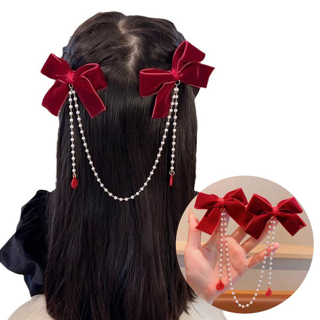Elegant Double Bowknot Hair Clip for Kids with Tassel Pearls Designs Perfect for Little Girls Daily Wear and Event
