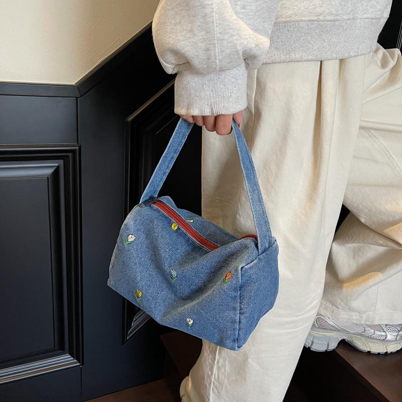 Denim Small Square Bag Flower Embroidery Lightweight Women's Shoulder Bag