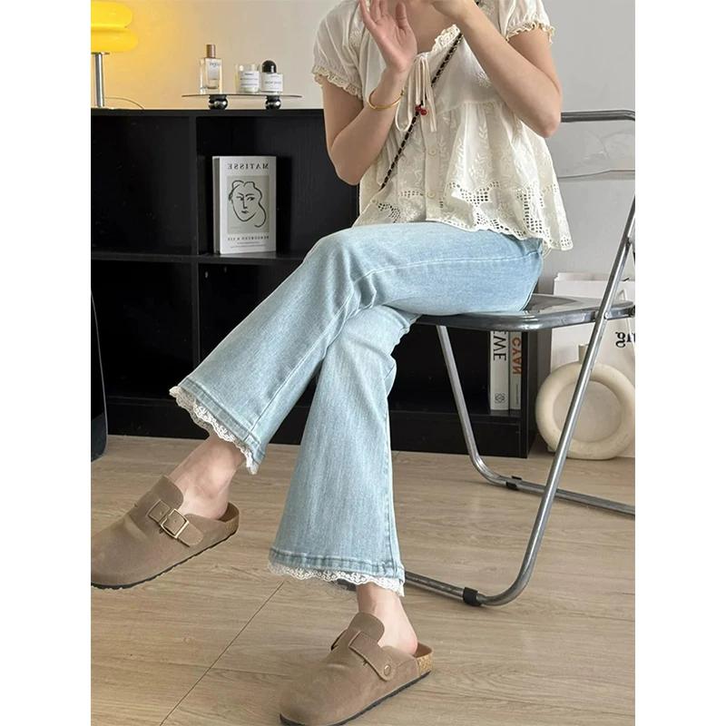 

Light Blue Lace Nine-Point Jeans for Women, New Spring Style, Plus Size, Flattering for Pear-Shaped Body, Stretchy Straight-Leg Flared Pants M светло-синий