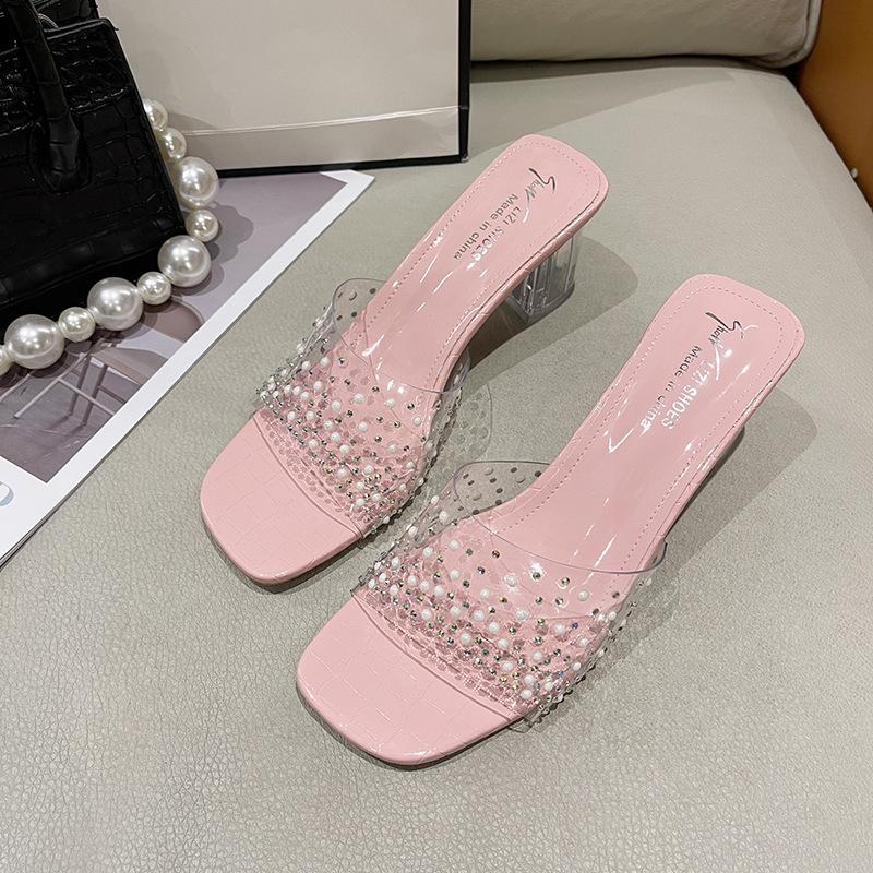 Slippers female transparent semi-drag summer 2025 new crystal thick heel outer wear high heels open-toed rhinestone one-word drag