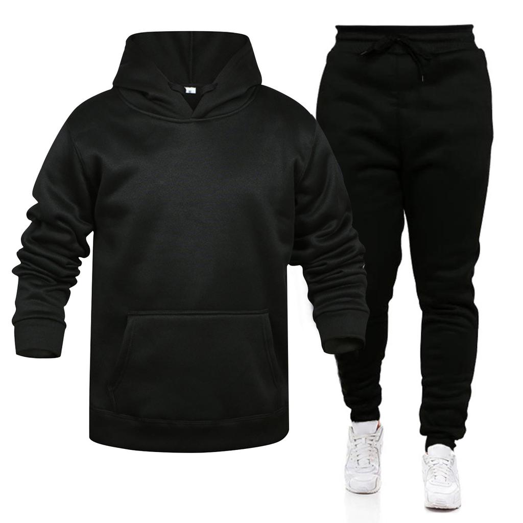 Men's Winter Solid Color Long-Sleeved Hooded Drawstring Sweatshirt And Sweatpants Suit