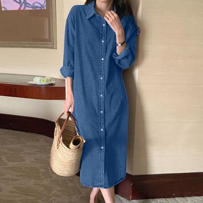 Robe chemise en jean pour femme, manches longues retroussées, boutonnée, maxi, décontractée, revers, ample, droite, avec poche