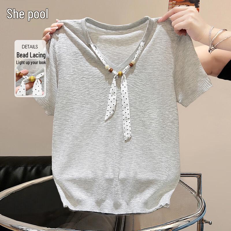 Shechi Women s Beaded V-Neck Knit T-Shirt One Size светло-серый