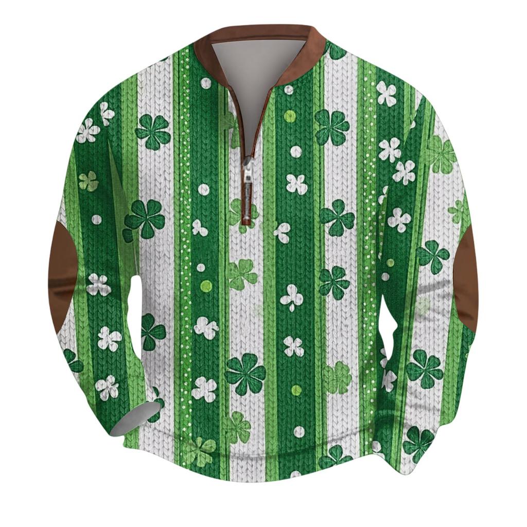 Mens Christmas Sweater Zip Up Sweatshirts Vintage Knit Graphic Sweatshirt St. Patrick's Day Stand Collar Pullover