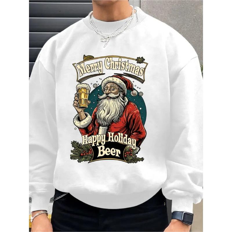 Men's Merry Christmas Happy Holiday Beer Print Casual Sweatshirt-Long Sleeve, Round Neck, Stylish and Durable, Sporty Casual Style, Lightweight Fabric