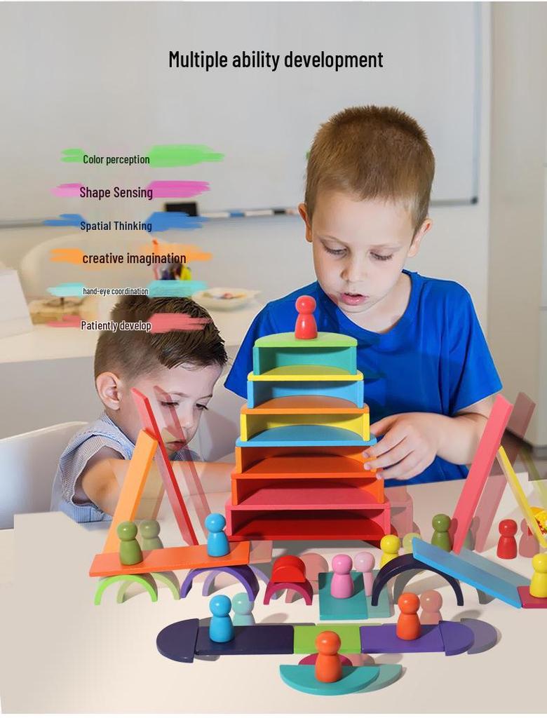 Colorful Wooden Rainbow Arch Bridge & People Stacking Blocks for Children's Early Education