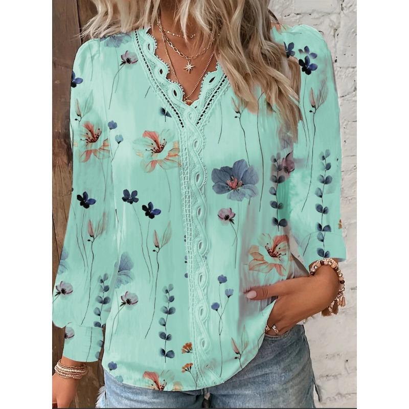 VEZFAA Women's Fashion Casual Spring Autumn Flower Pattern Print Long Sleeve Lace V-Neck Pullovers & Long Sleeves