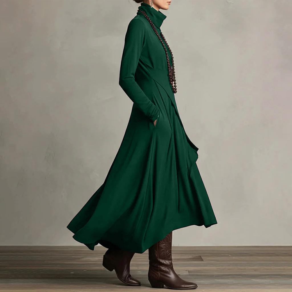 Women’s Long Sleeve Turtleneck Maxi Dress Asymmetric Hem Layered Ruffle Design A Line Fit Soft Fabric Elegant Style