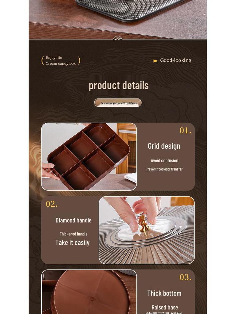Wood Grain Multi-Grid Dried Fruit Candy Box - Thickened, Sealed, Moisture-Proof, Double-Layer Storage Plate