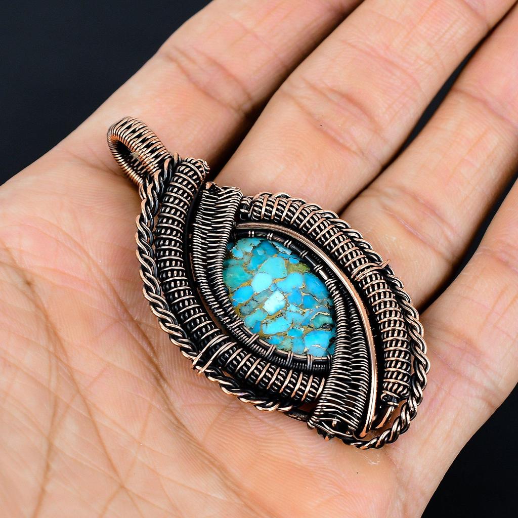 Blue Copper Turquoise Handmade Gemstone Pendant, 999 Copper Wire Wrapped Pendant Antique Jewelry, For Engagement Gift