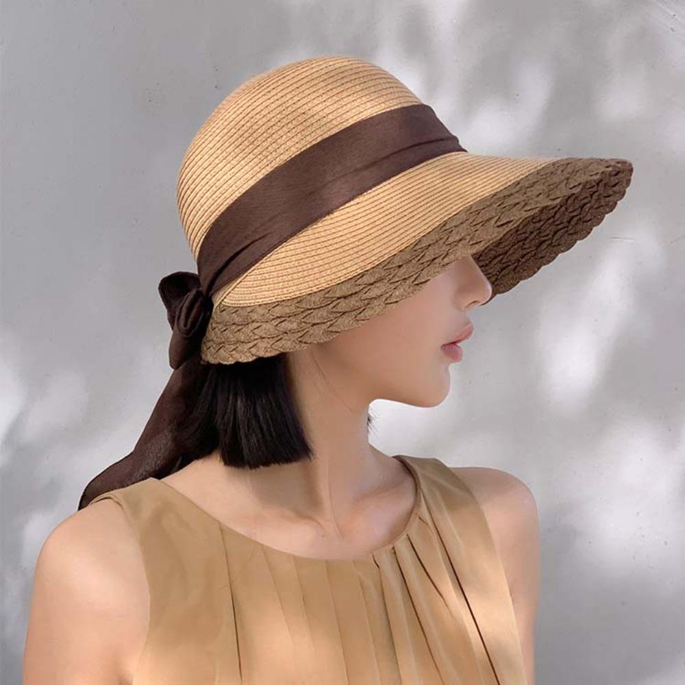 Foldable Straw Weaving Beach Hat Portable Bucket Hat Equestrian Hat Big Brimmed Woven Cap  Travel