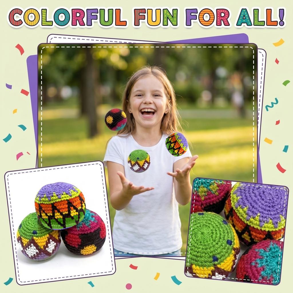 Set of 3 Kids Handcrafted Knitted Bean Bags for Indoor Outdoor Toss Games and Physical Activity Play Sack Hacky Sack