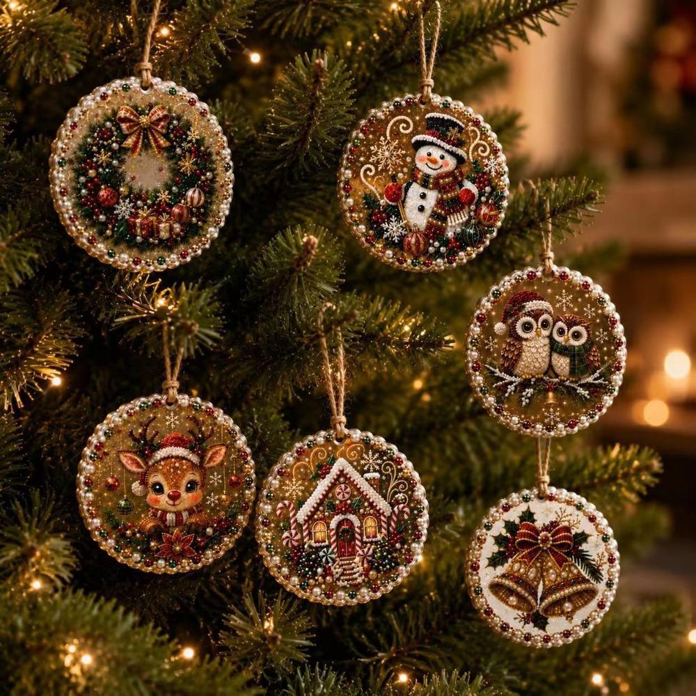 6Pcs Wooden Base Wooden Christmas Ornaments Set Art Xmas Hanging Decor Wall Decoration