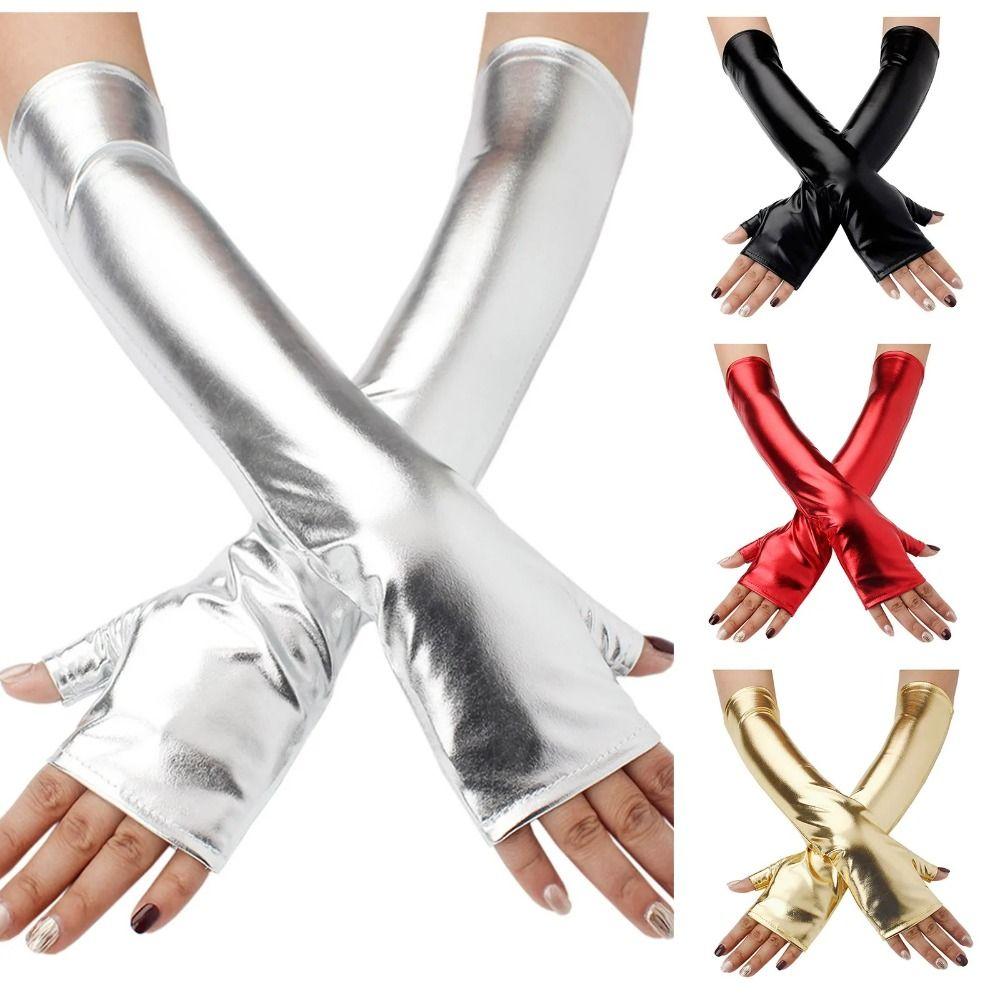 Fake Leather Metallic Gloves Gold Silver Long Gloves Sexy Leather Gloves  Evening Party