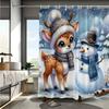 Winter Forest Deer & Snowman Digital Print Shower Curtain - Cartoon Pattern, Machine Washable, All-Season Knit Weave, Deer Theme