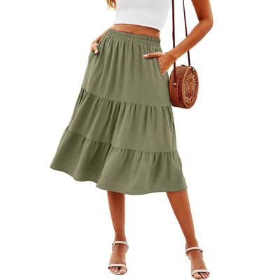 Dámská letní boho splývavá midi sukně, ležérní elastická vrstvená dlouhá sukně s vysokým pasem a kapsami