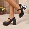 Fashion Patent Leather Heels Autumn New Round Toe Metal One Strap Platform Non-Slip Wear-Resistant Square Heel Single Shoes