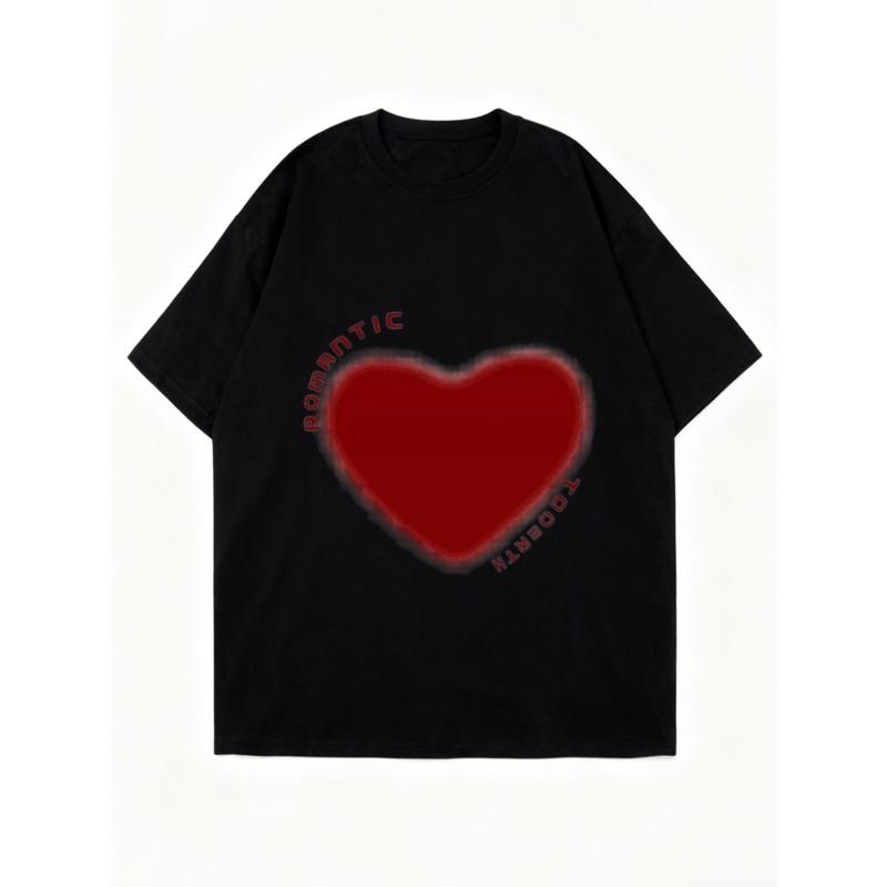 Oversized T Shirt Black Romantic Heart Print Graphic Tee Casual Wear for Women
