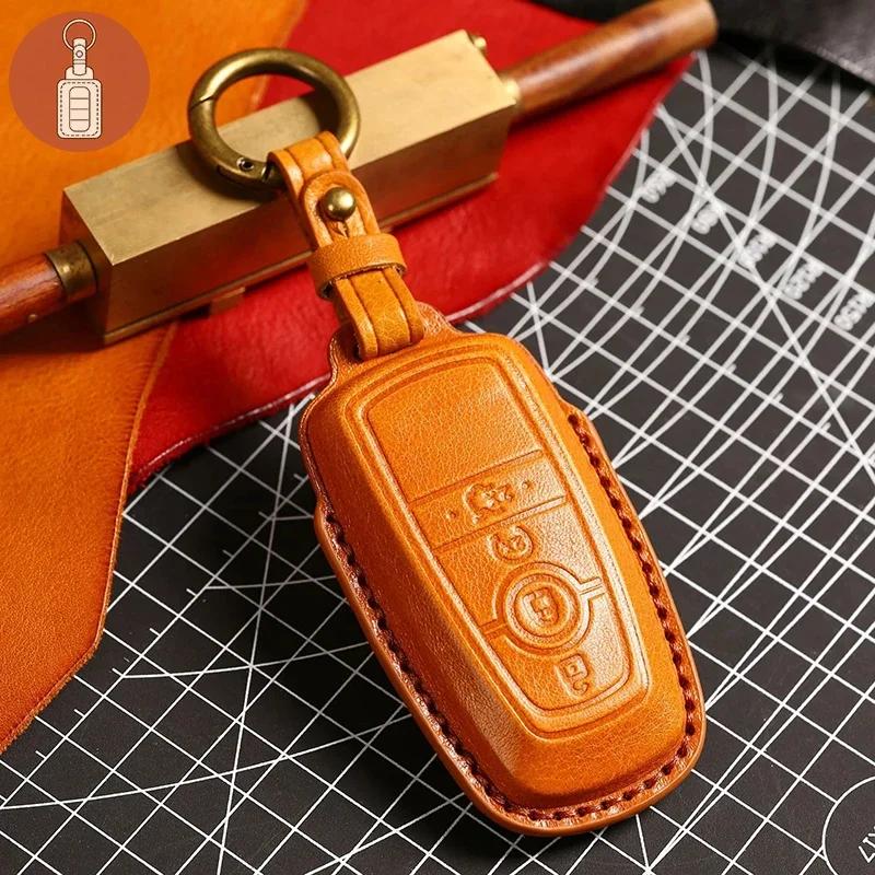 Car Key Case Cover Fob Leather Keychain Holder Accessories for Ford Focus Explorer Edge Fusion F150 F250 for Lincoln Navigator