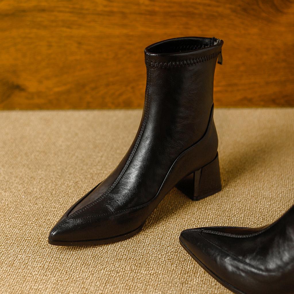 High Heel Short Boots Coarse Heel Pointed Skinny Boots Brown Fleece Winter Boots Medium Boots