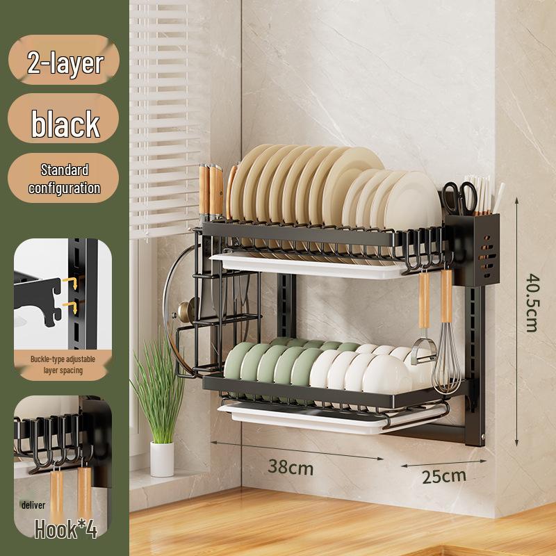 No-Punch Wall-Mounted Dish Drying Rack with Plate and Chopsticks Holder