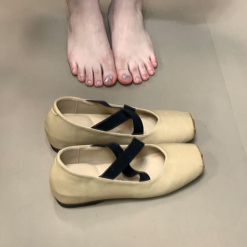 Niche cross-strap ballet shoes 2025 new inner height-increasing square head shallow mouth single shoes