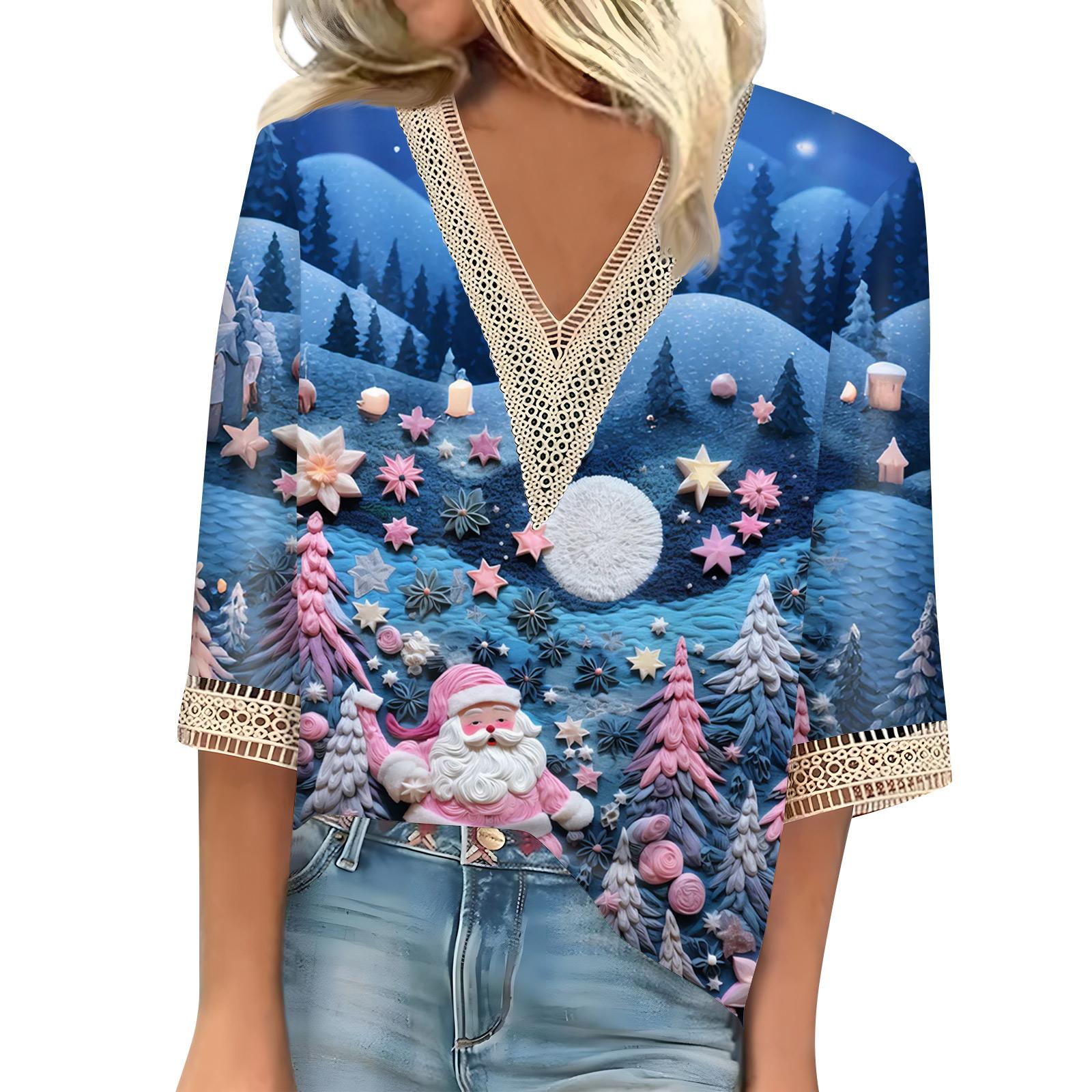 

Women s Loose Casual Three-quarter Sleeve V-neck Lace Loose Christmas Print T-shirt Top M