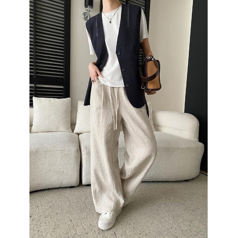 Sinan Tencel Linen Drawstring Wide-Leg Floor-Length Casual Pants SN8668