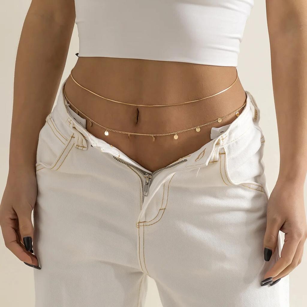 2Pcs/Set Sexy Sequins Belly Waist Chain for Women Summer Bikini Gold Color Multilayer Thin Chain Body Jewelry Y2K Accessories