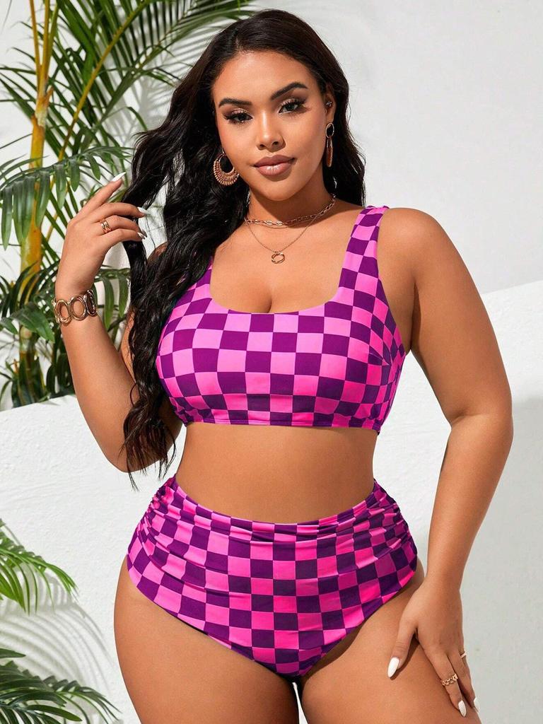 2026 Plaid Print High Waist Tummy Control Plus Size Bikini Swimsuit for Women