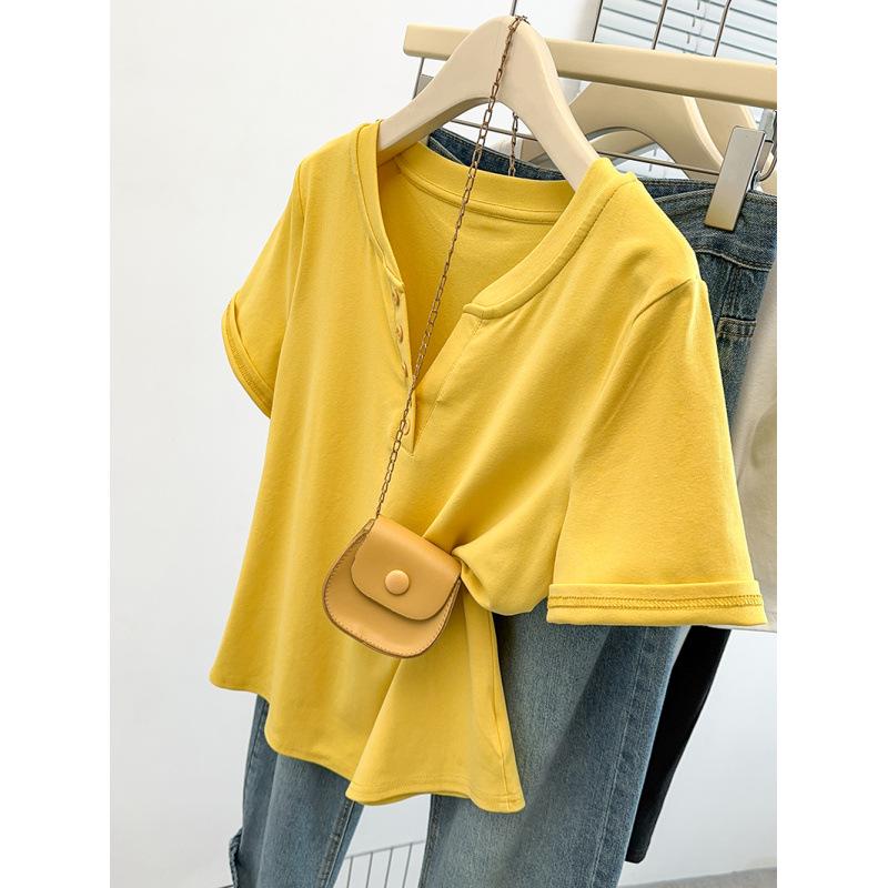 

2026 Summer Plus Size Women s Casual Half-Open Collar Slimming Short Sleeve T-Shirt L жовтий