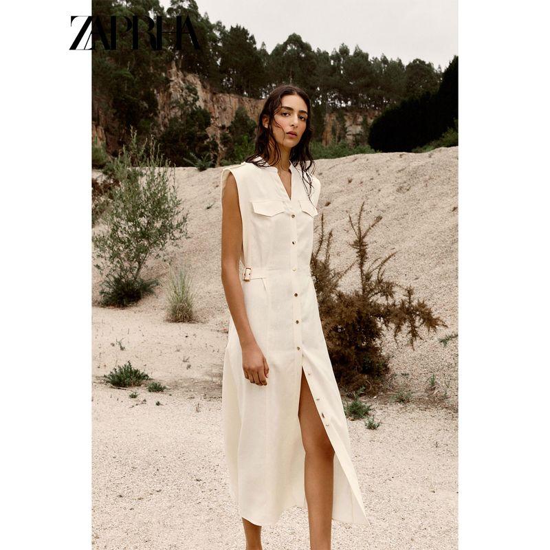Zaprha2025 Summer New Linen Blend V-neck Sleeveless Strap Shirt Midi Dress 7016709