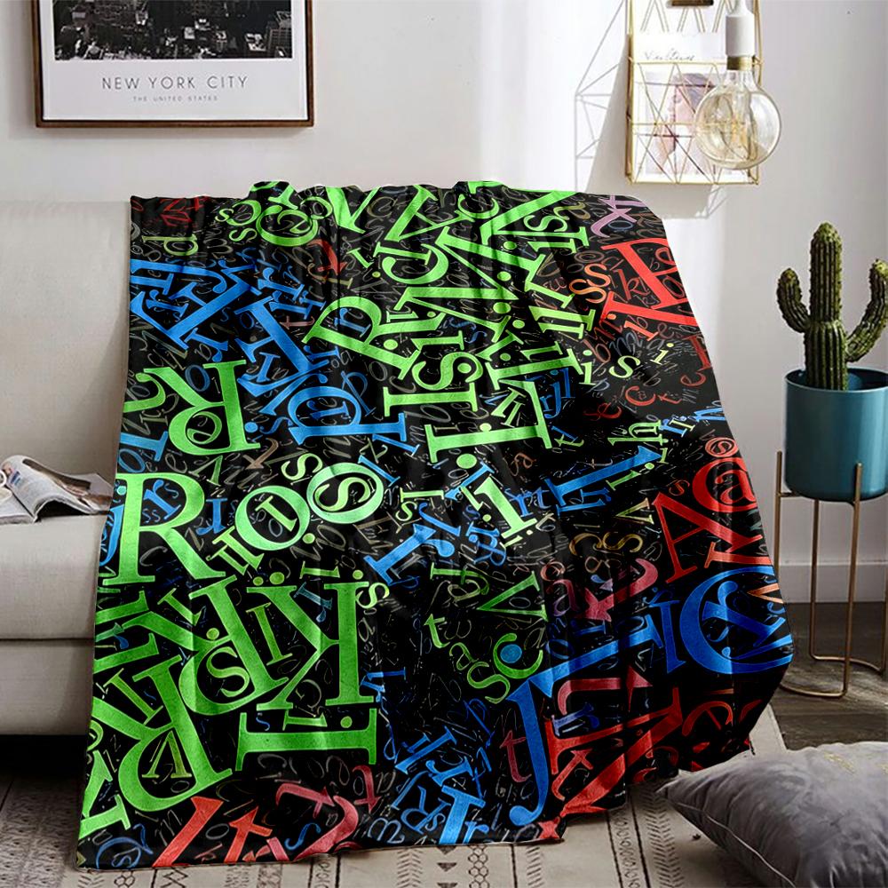 Colorful Alphabet Pattern blanket with Vibrant Letters on Black Background blanket, suitable for use in the bedroom, living room, on the sofa