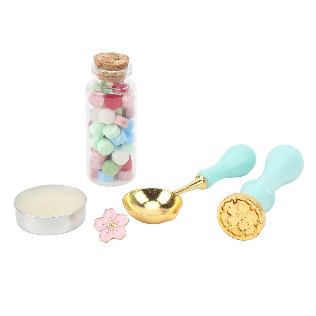 Wax Sealing Kit Vintage Color Matching Blue Handle Gift Box Packaging Cherry Flower Brooch Detac