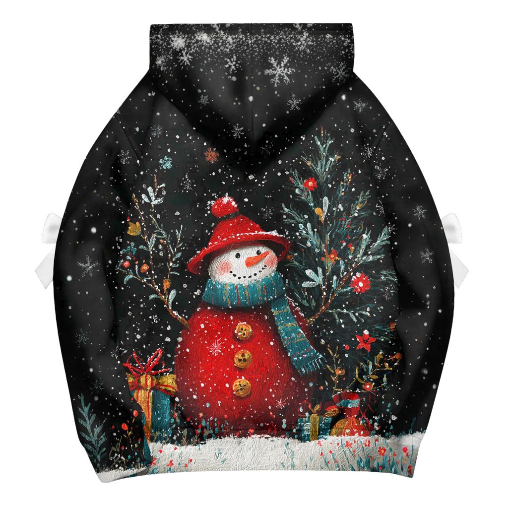 Ladies' Christmas Printed Bow Long Sleeved Loose Fitting Headband With Rope Hooded Sweatshirt Top