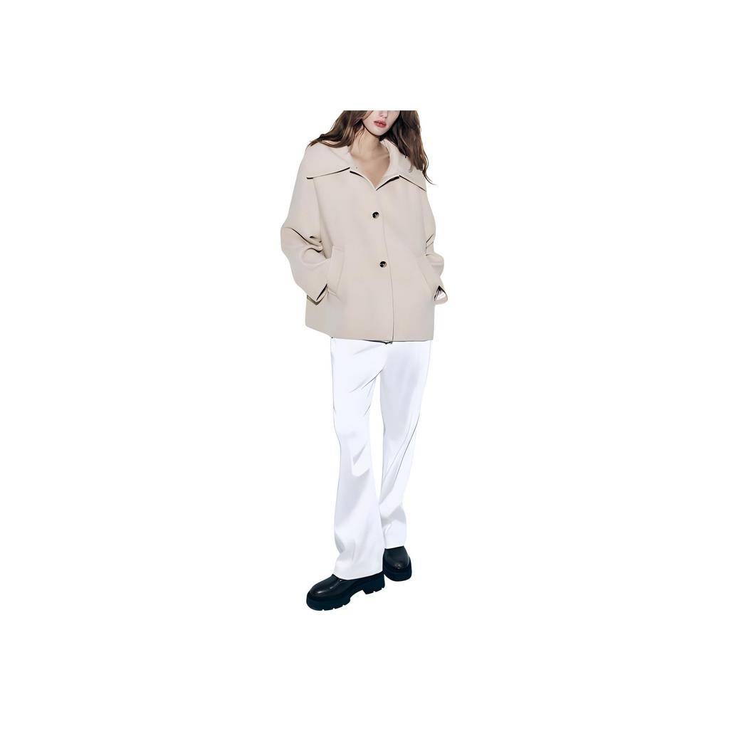 Zara Zw Series Single Breasted Minimalist Fur Collar Long Sleeve Coat Women coats Beige 2140762-710