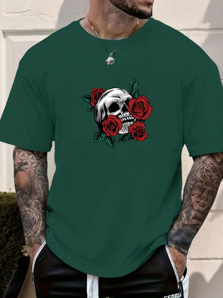 Mens Casual Tshirt Skull Rose Print Short Sleeve Round Neck Breathable Soft Oversized Edgy Daily Wear Tee