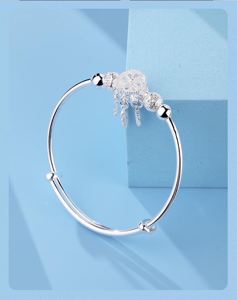 S999 Sterling Silver Dreamcatcher Bangle - Pure Silver Bracelet for Women, Perfect Qixi Festival Gift for Girlfriend or Bestie