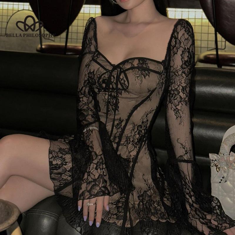 Women's New Lace-up Chest Lace Printed Long Sleeve Dress Fashion Casual Elegant Woman Short Party Dress