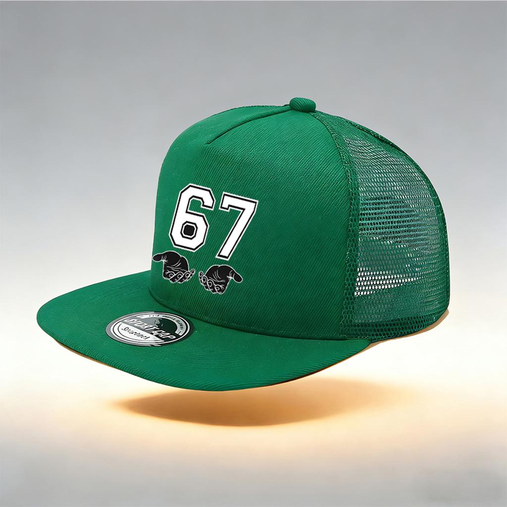 1/2 STKS Platte Rand Mesh Trucker Cap, Ademend, 67 Nummer Hand Gebaar Print, Retro Hip Hop Streetwear voor Mannen Vrouwen