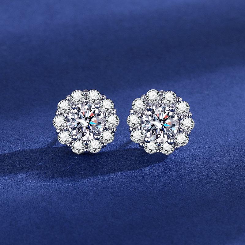 Sunflower Stud Moissanite Earrings for Women, 1 Carat White Gold Plated