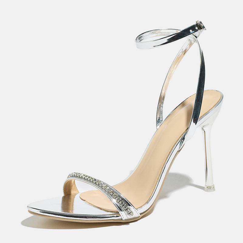 Fashion Crystal Rhinestone Women Sandals Summer Open Toe Silver High Heels Wedding Prom Shoes Sexy Ankle Strap Sandalias