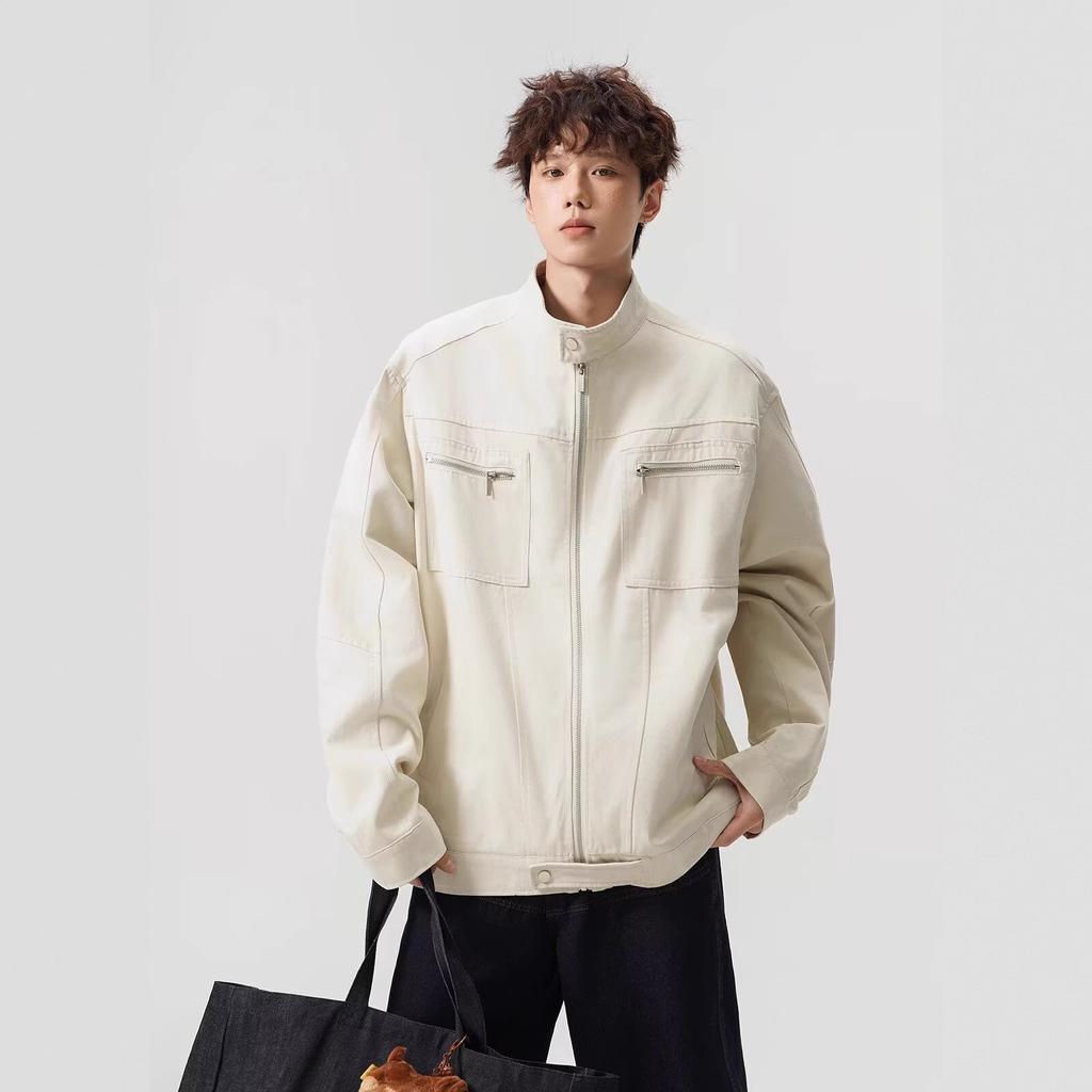 American washed canvas jacket men's spring and autumn trendy brand short stand-up collar tooling jacket pocket ruffian handsome couple top