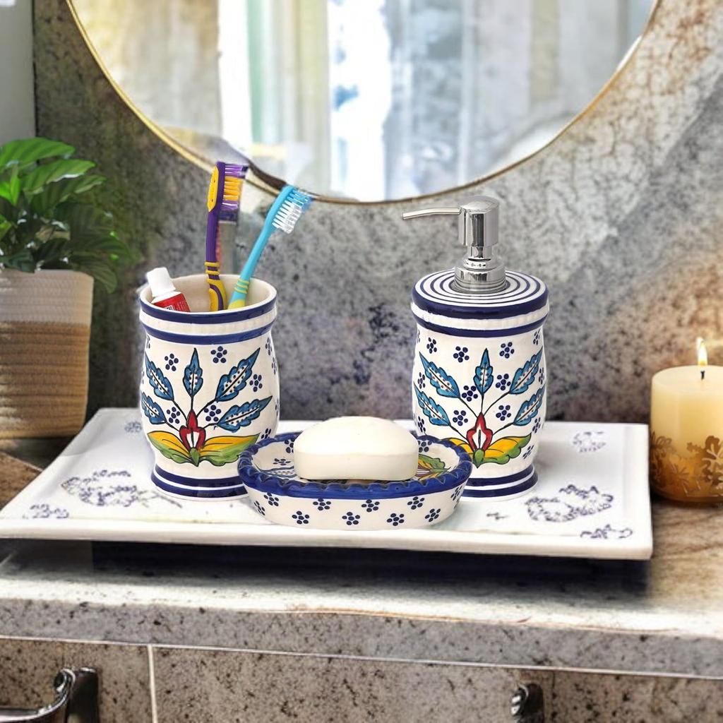 Premium Ceramic Bathroom Accessories Set of 3 | Modern Hand-Painted Bath Set with 300ml Soap Dispenser, Toothbrush Holder & Soap Dish |