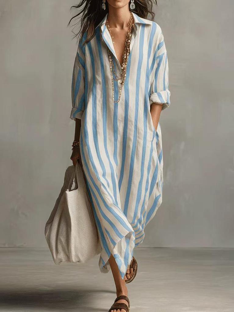 Abito Casual in Cotone a Righe con Scollo a Revers Primavera/Estate 2026