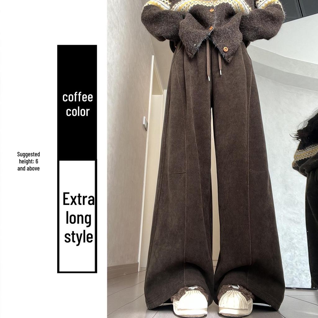 Women's High-Waisted Gray Corduroy Wide-Leg Pants - Autumn/Winter Plus Velvet Thickened Long-Leg Sports Sweatpants