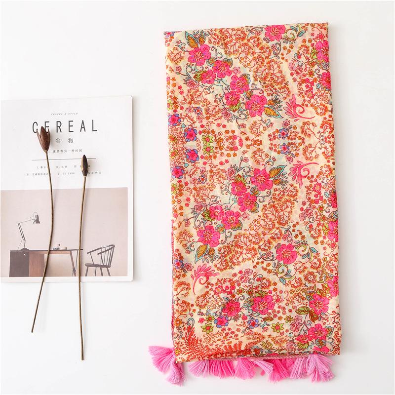 Ethnic Cotton Linen Floral Tassel Shawl: Sun Protection Beach Scarf for Women