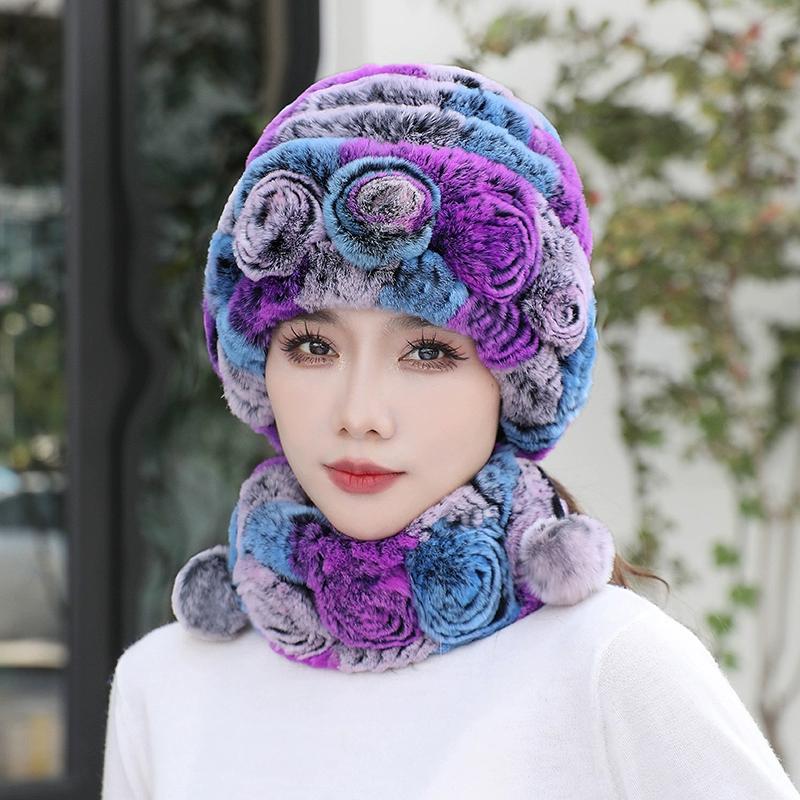 Rex Rabbit Hair Hat Scarf Two-piece Set Women's Winter In The Elderly Mother Grandma Winter Fur Scarf Cover