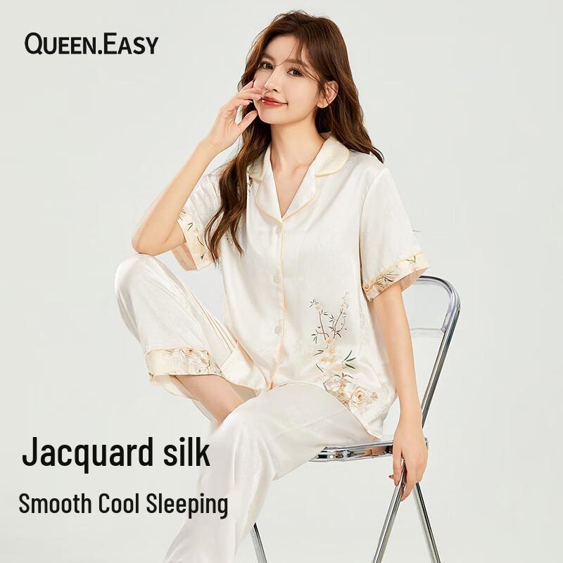 QUEEN.EASY Women s Ice Silk Short Sleeve Pajama Set L