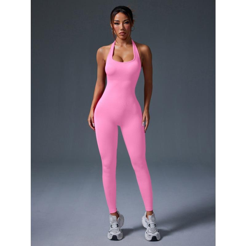 Summer Sexy Backless Halter Gym Jumpsuit Women's Fitness Suit Sports Overalls for Woman Tracksuit Yoga Clothing Elasticity Black Workout Sportswear